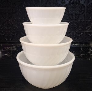 Vintage Fire King White Swirl Mixing Bowl Set, MCM Milk Glass Nesting Bowls